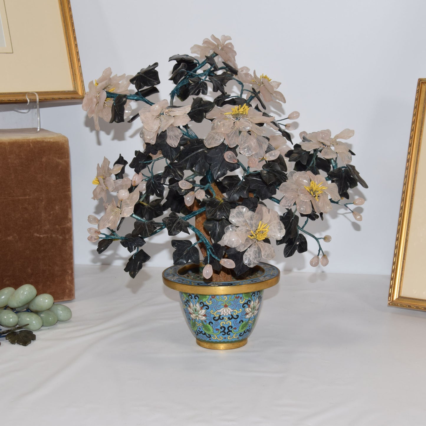 Chinese Export Cloisonne Jade Semi-Precious Gemstone Tree 16"