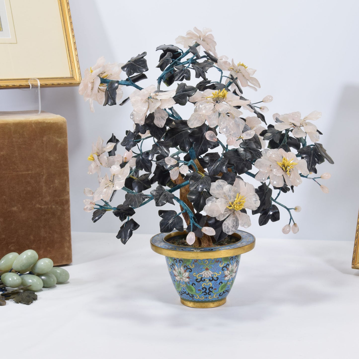 Chinese Export Cloisonne Jade Semi-Precious Gemstone Tree 16"