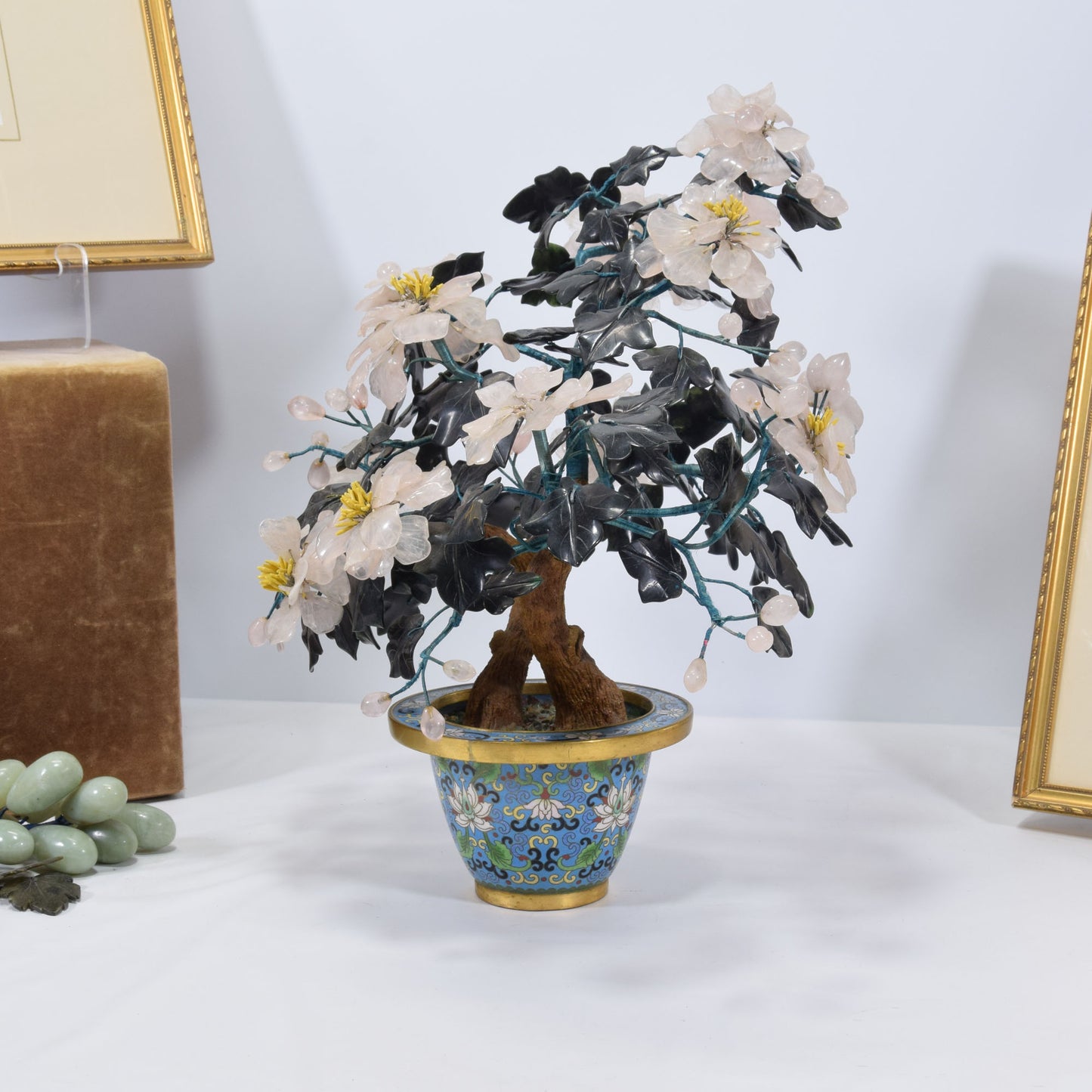 Chinese Export Cloisonne Jade Semi-Precious Gemstone Tree 16"