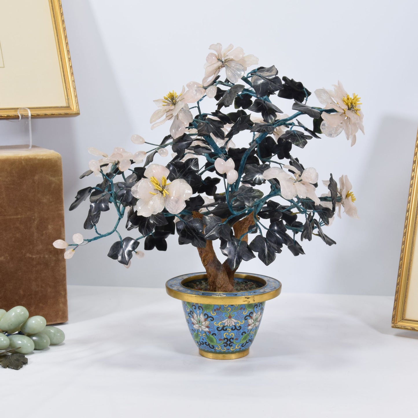 Chinese Export Cloisonne Jade Semi-Precious Gemstone Tree 16"