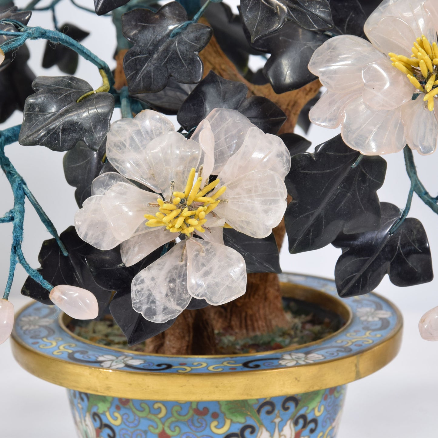 Chinese Export Cloisonne Jade Semi-Precious Gemstone Tree 16"