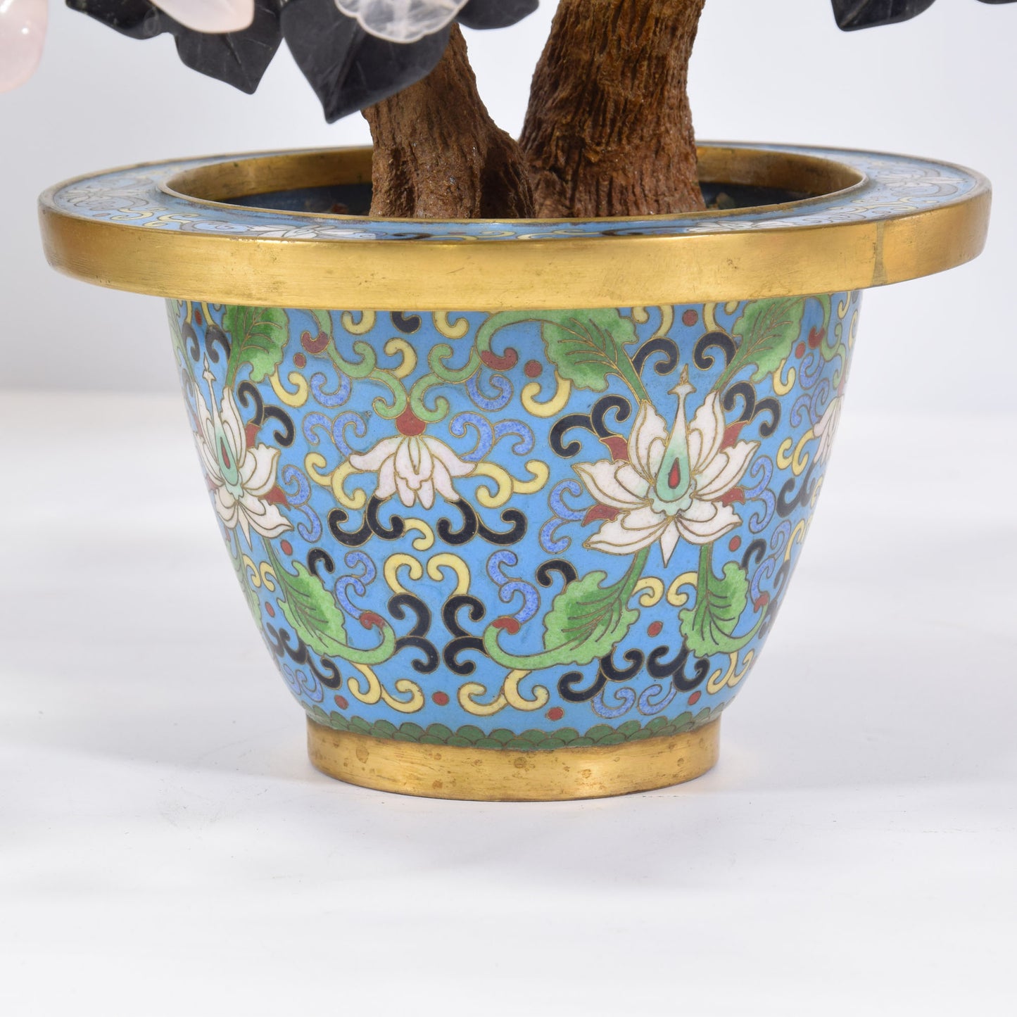 Chinese Export Cloisonne Jade Semi-Precious Gemstone Tree 16"