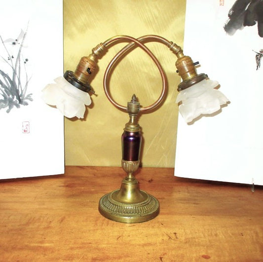 Antique French Double Goose Neck Art Glass and Bronze Lamp