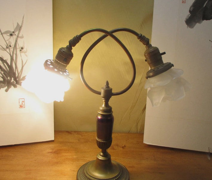 Antique French Double Goose Neck Art Glass and Bronze Lamp