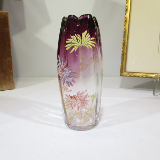 Art Nouveau Enameled Glass Vase by Legras Tokyo Chrysanthemum Pattern