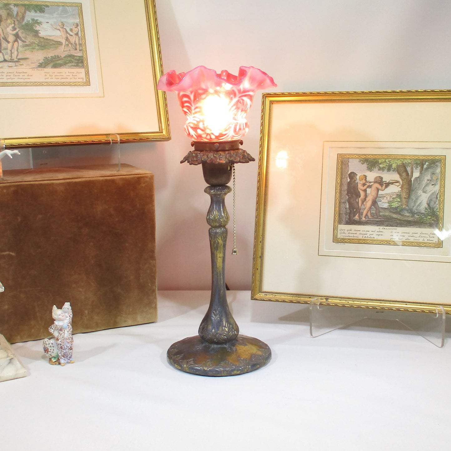 Victorian Bronze and Daisy and Fern Cranberry Art Glass Torchiere Lamp PG 59