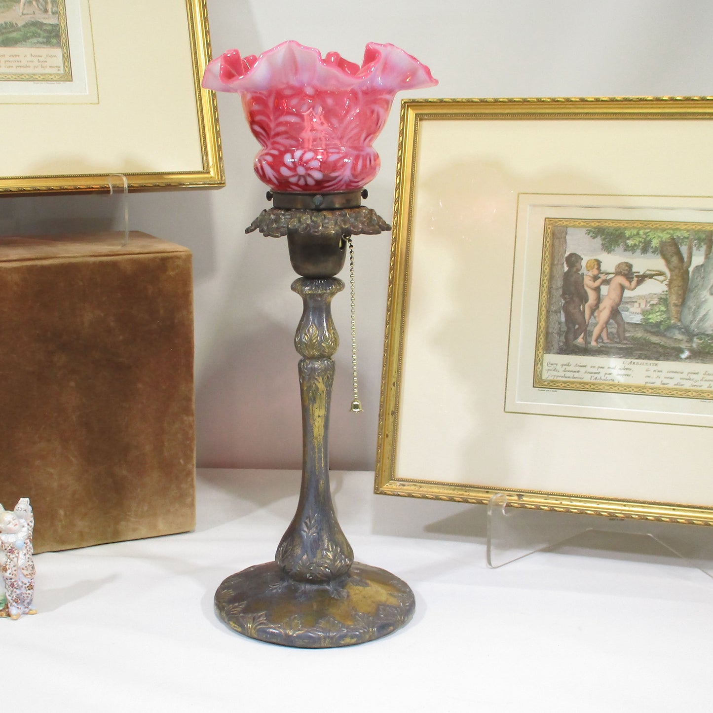 Victorian Bronze and Daisy and Fern Cranberry Art Glass Torchiere Lamp PG 59