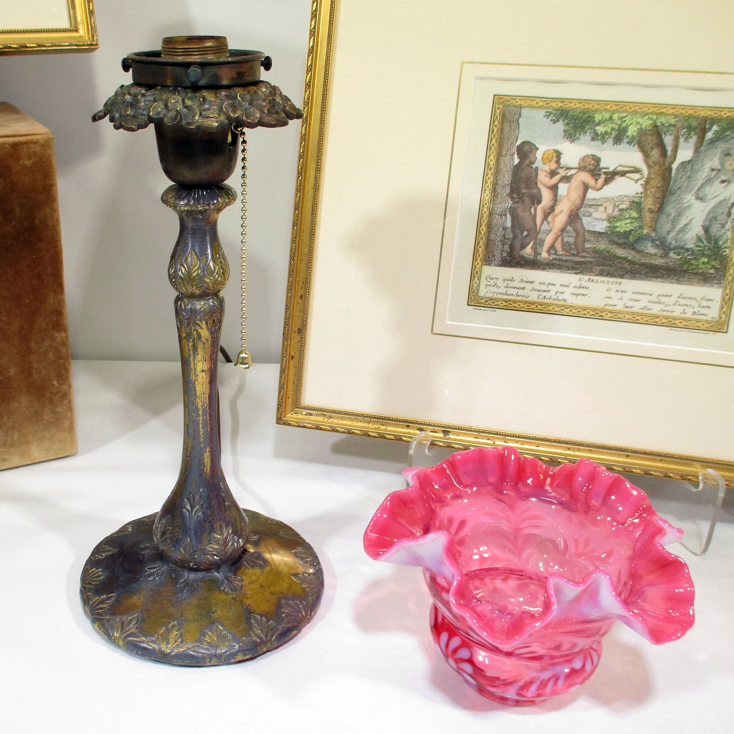 Victorian Bronze and Daisy and Fern Cranberry Art Glass Torchiere Lamp PG 59