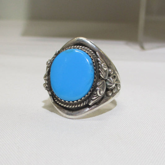 Running Bear Navajo Sterling Silver Sleeping Beauty Turquoise Squash Blossom Ring Size 12 1/2