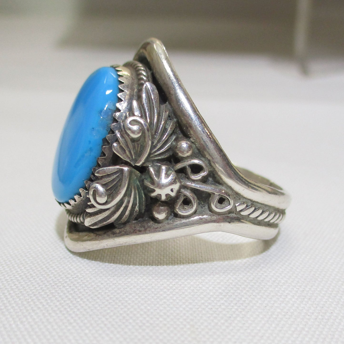 Running Bear Navajo Sterling Silver Sleeping Beauty Turquoise Squash Blossom Ring Size 12 1/2