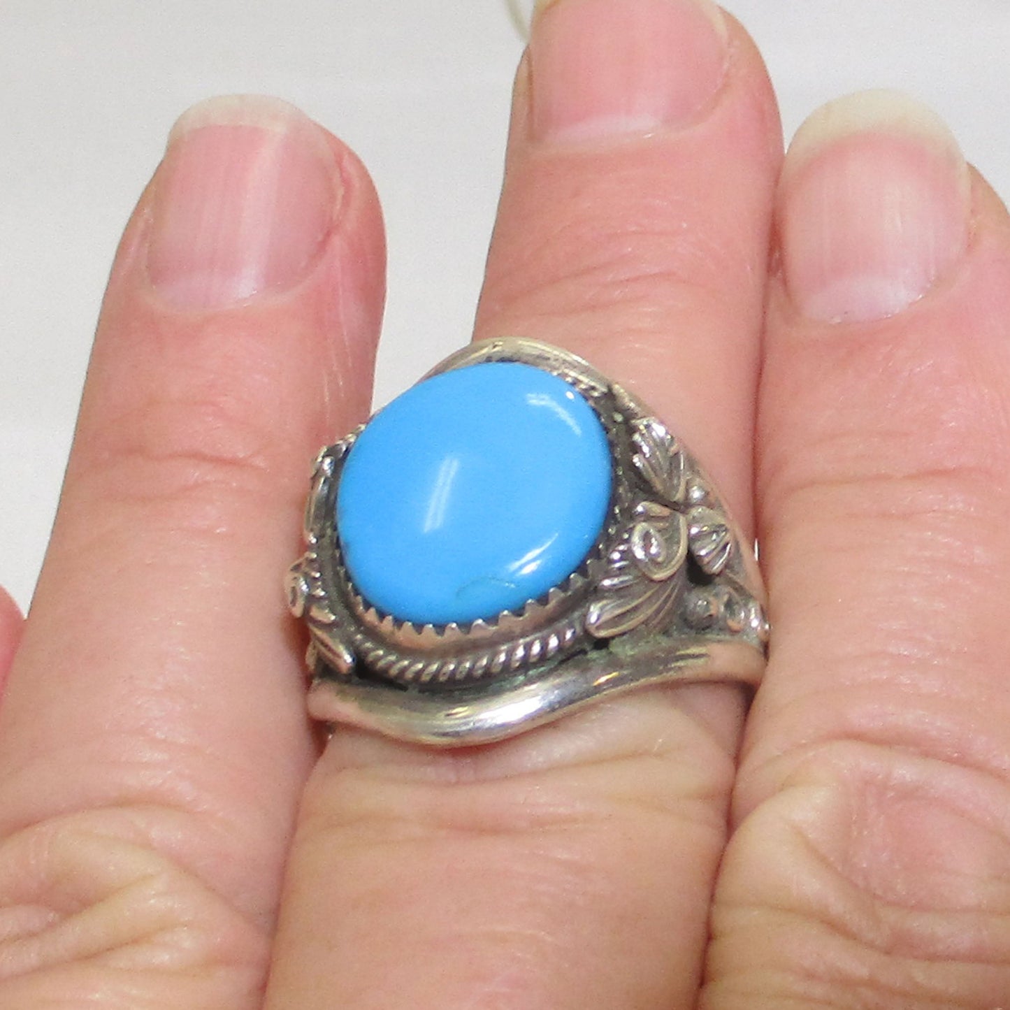 Running Bear Navajo Sterling Silver Sleeping Beauty Turquoise Squash Blossom Ring Size 12 1/2