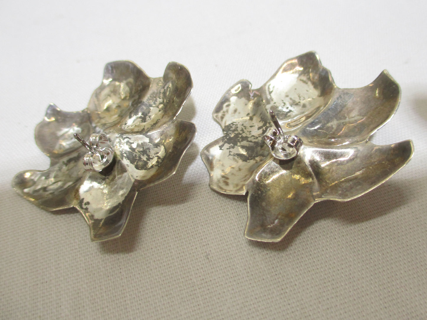 Vintage Mexico Taxco Sterling Silver and Brass Floral Earrings 1 1/2" Long