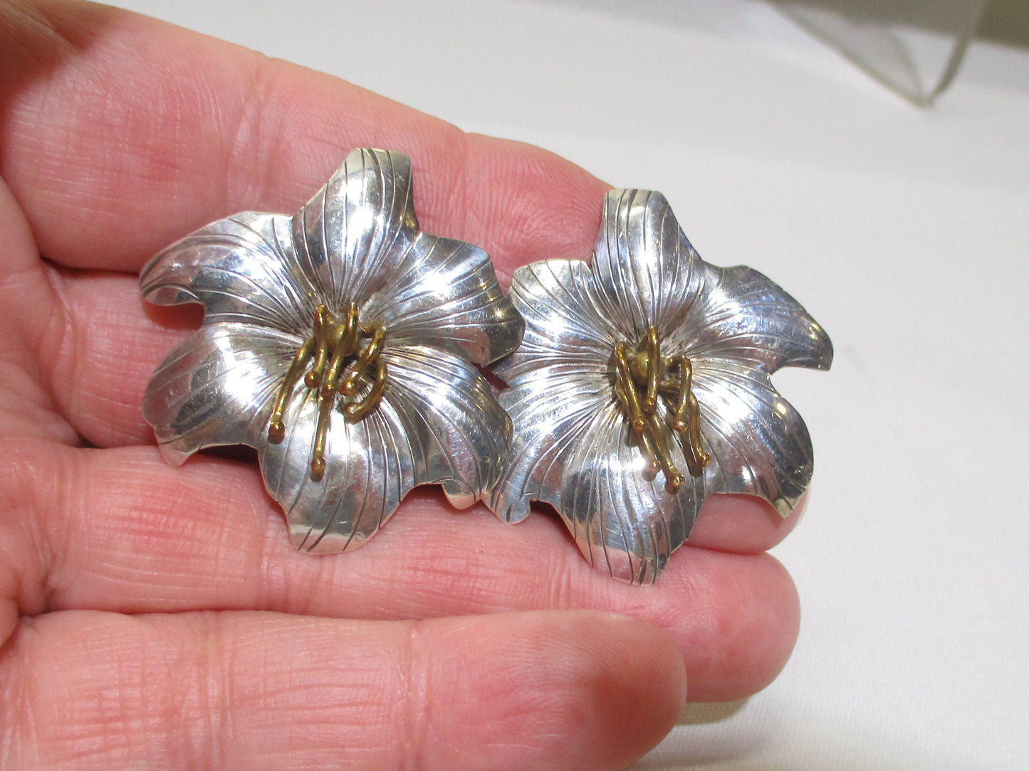 Vintage Mexico Taxco Sterling Silver and Brass Floral Earrings 1 1/2" Long