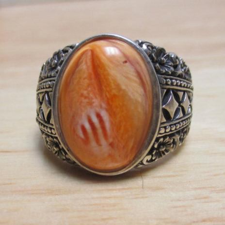 Gr 143 Sterling Silver and Spiny Oyster Signet Ring BBJ Size 12 1/2