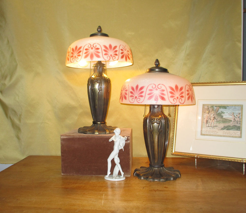 Matched Pair of Pittsburgh Lamps with Cracked Ice Painted Shades