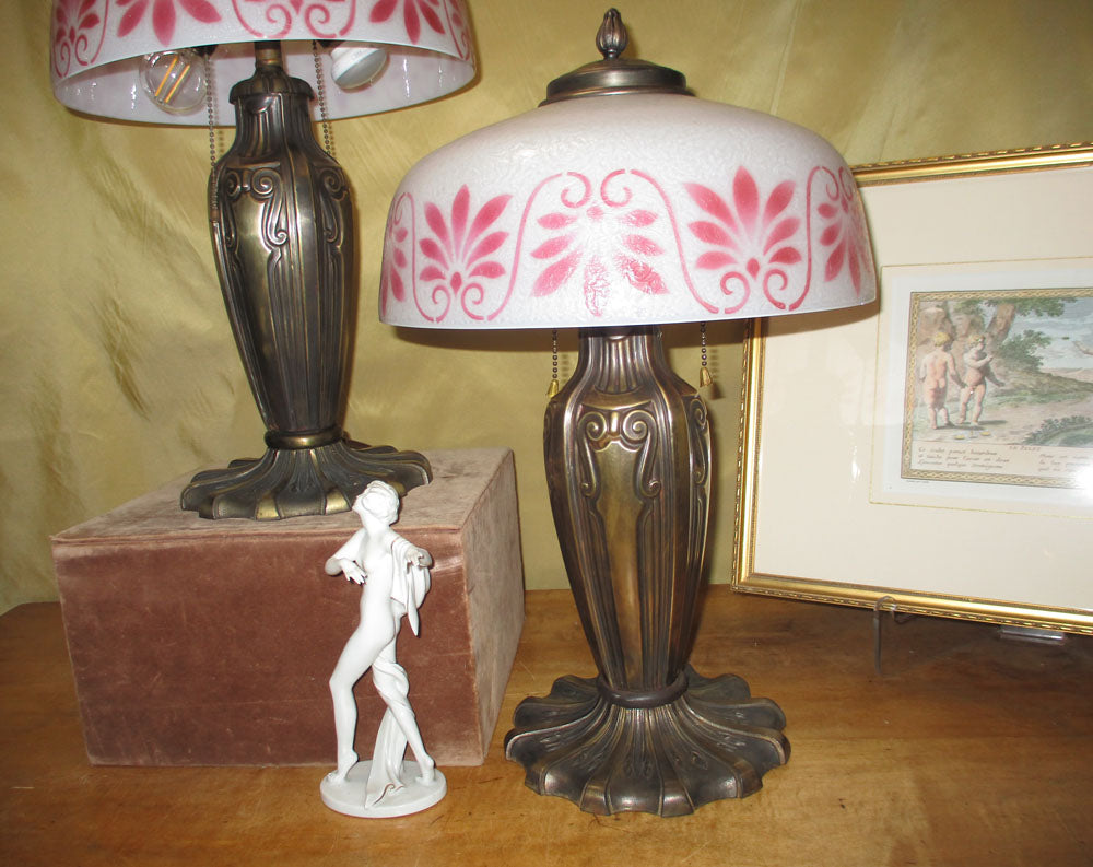 Matched Pair of Pittsburgh Lamps with Cracked Ice Painted Shades