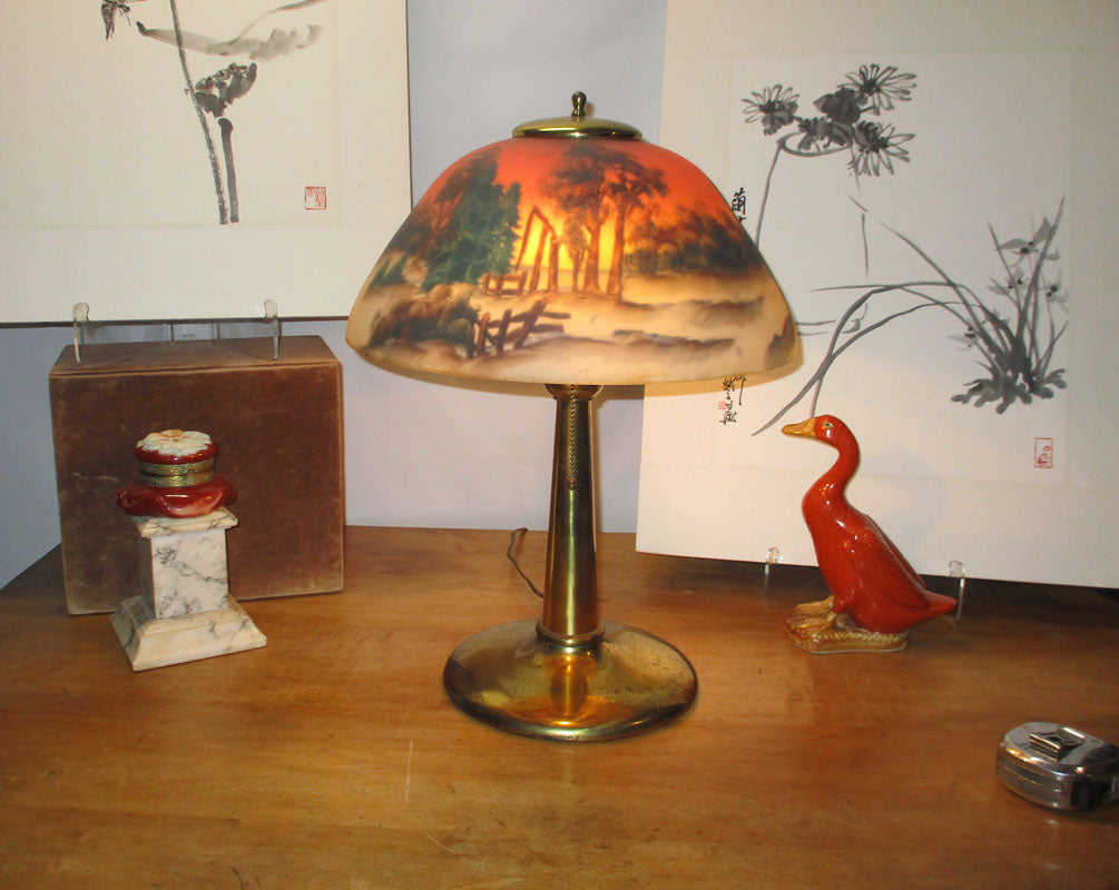 Arts and Crafts Solid Brass Reverse Painted Lamp