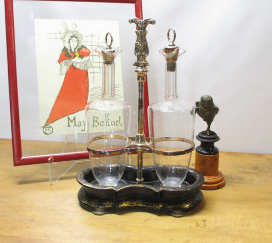 Victorian Tantalus Decanter Set Papier Mache Holder