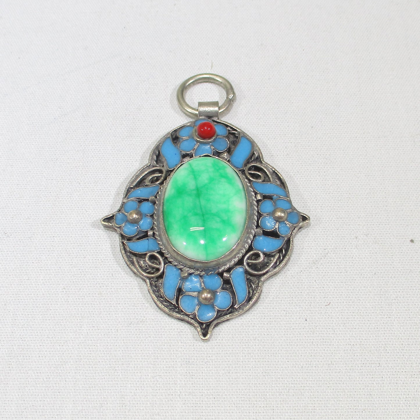 Chinese Export Enameled Sterling Silver Jade and Coral Pendant