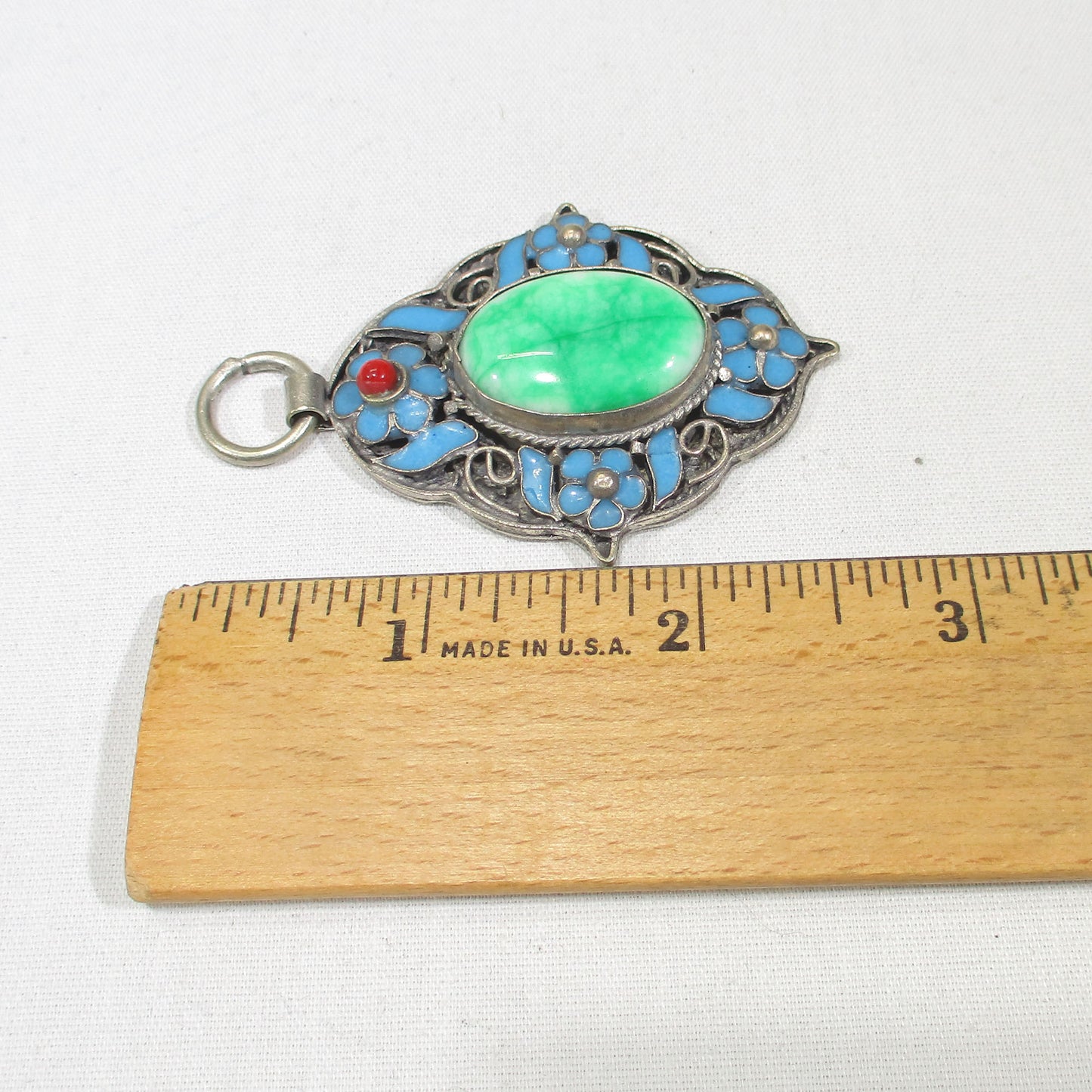 Chinese Export Enameled Sterling Silver Jade and Coral Pendant