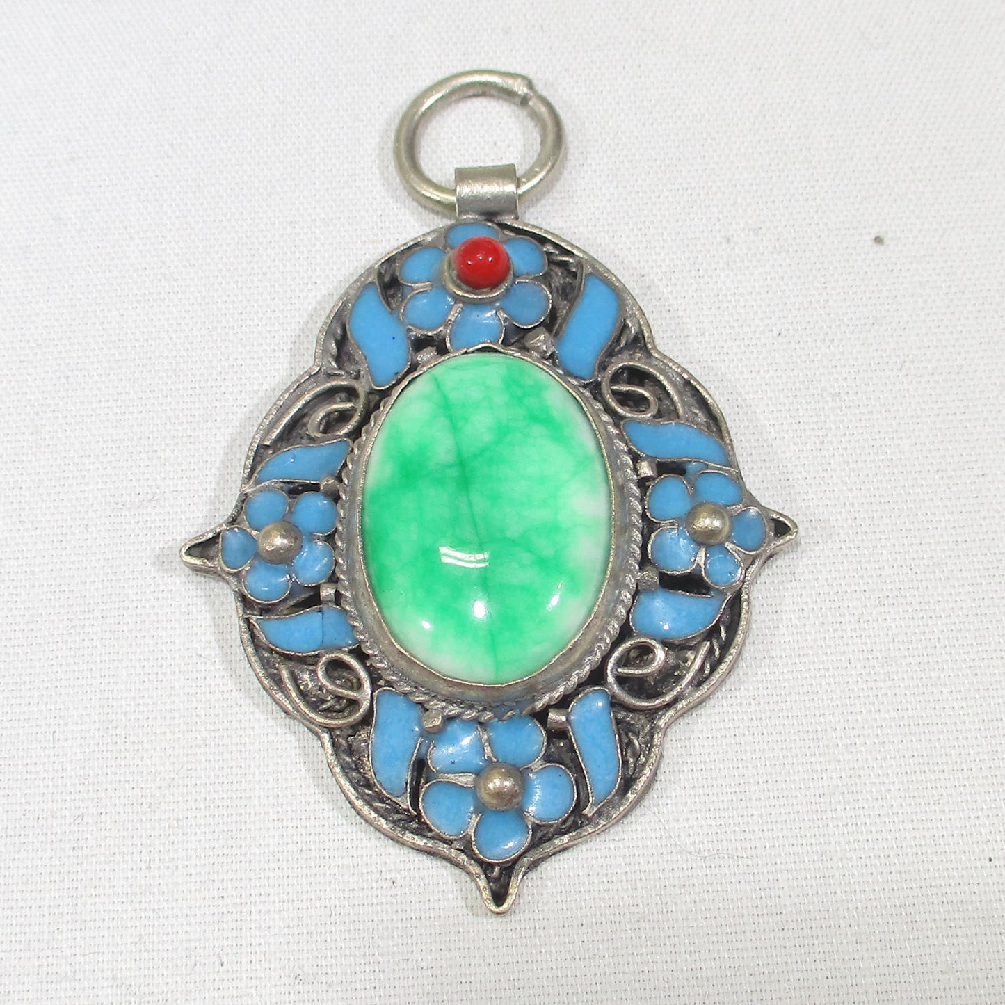 Chinese Export Enameled Sterling Silver Jade and Coral Pendant