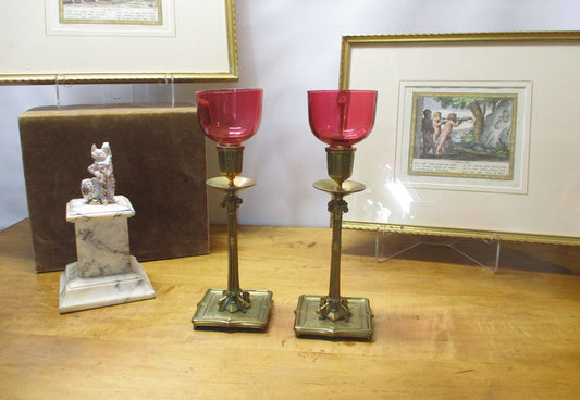 Antique Bronze and Cranberry Glass Pair Candlesticks Edwardian