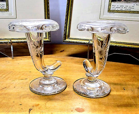 Engraved Glass Cornucopia Epergnes Pair 19th Century