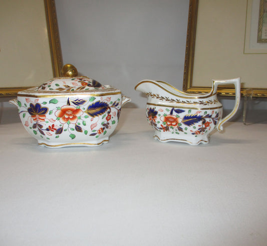 Antique Spode 3373 Early 1800's Imari Octagonal Sugar Bowl and Creamer