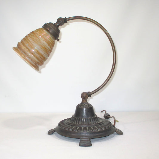 Antique Art Deco Rembrandt Bronze Goose Neck Table Lamp Aurene Shade