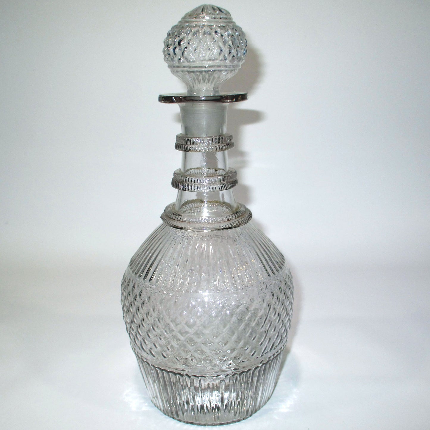 Sandwich Glass Three Ring Blown Molded Decanter with Hollow Stopper 19th Century