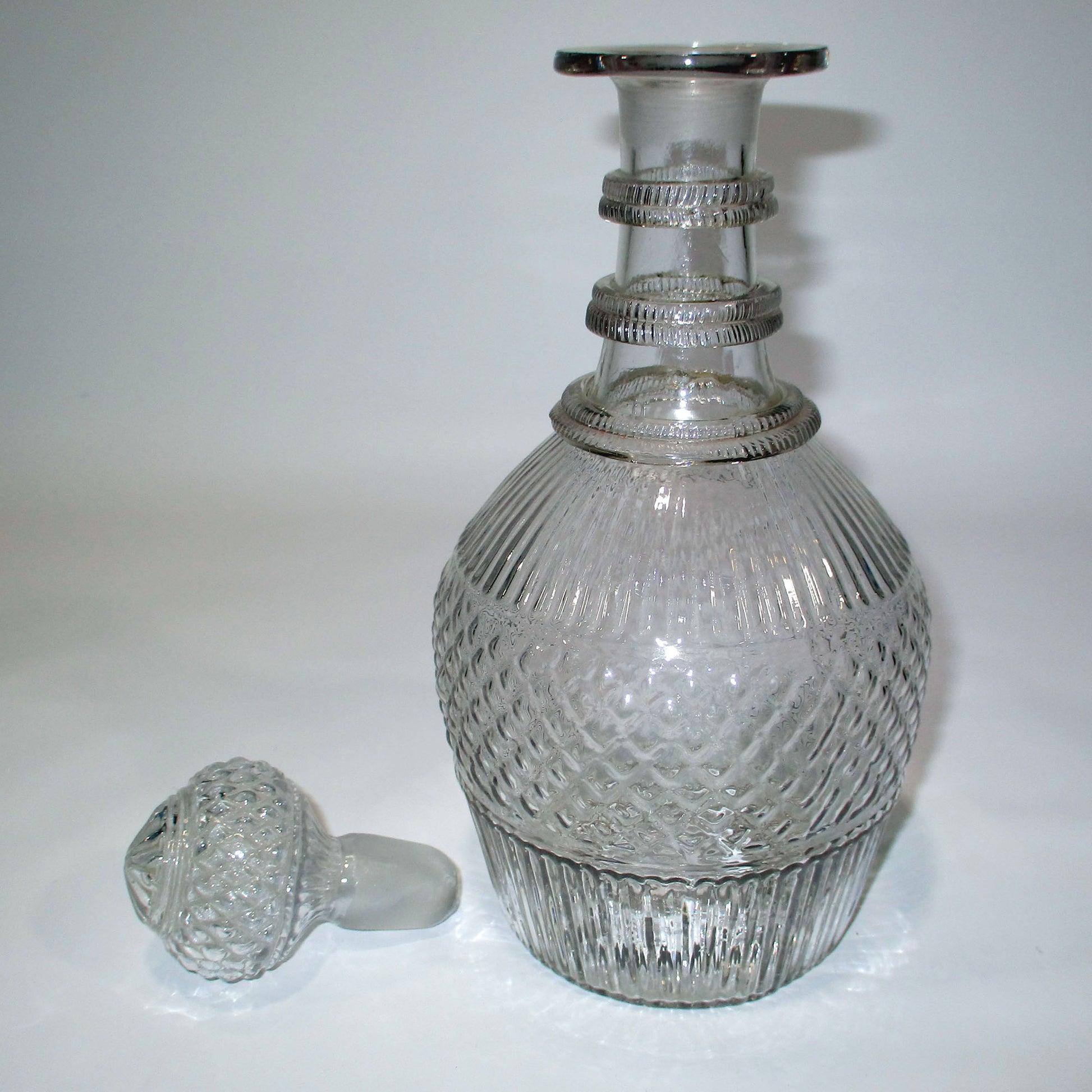 Sandwich Glass Three Ring Blown Molded Decanter with Hollow Stopper 19th Century