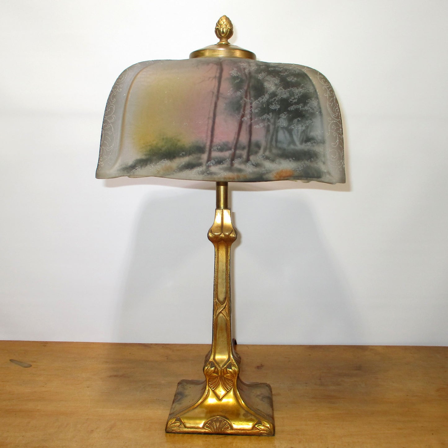 Pittsburg Lamp with Reverse Painted Shade Winter Scene