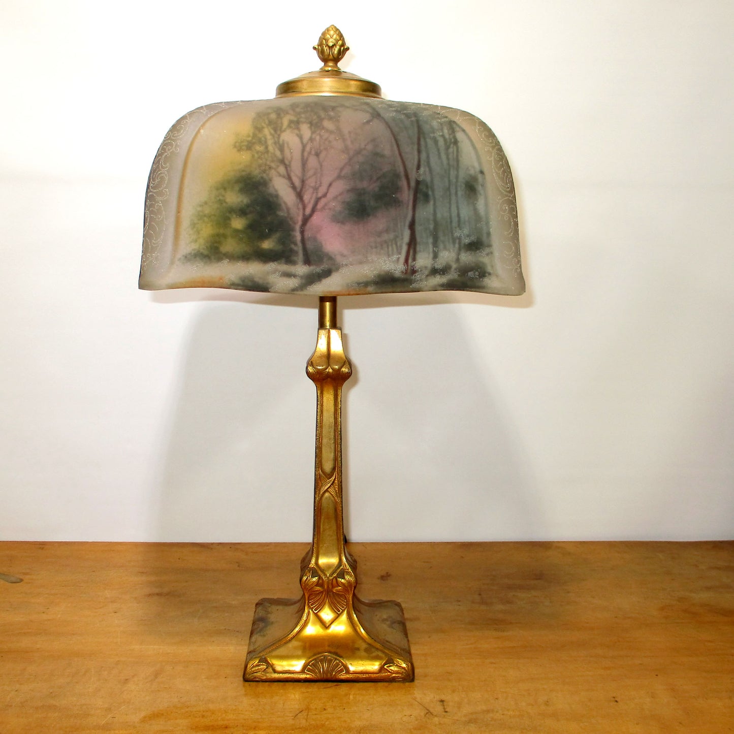 Pittsburg Lamp with Reverse Painted Shade Winter Scene