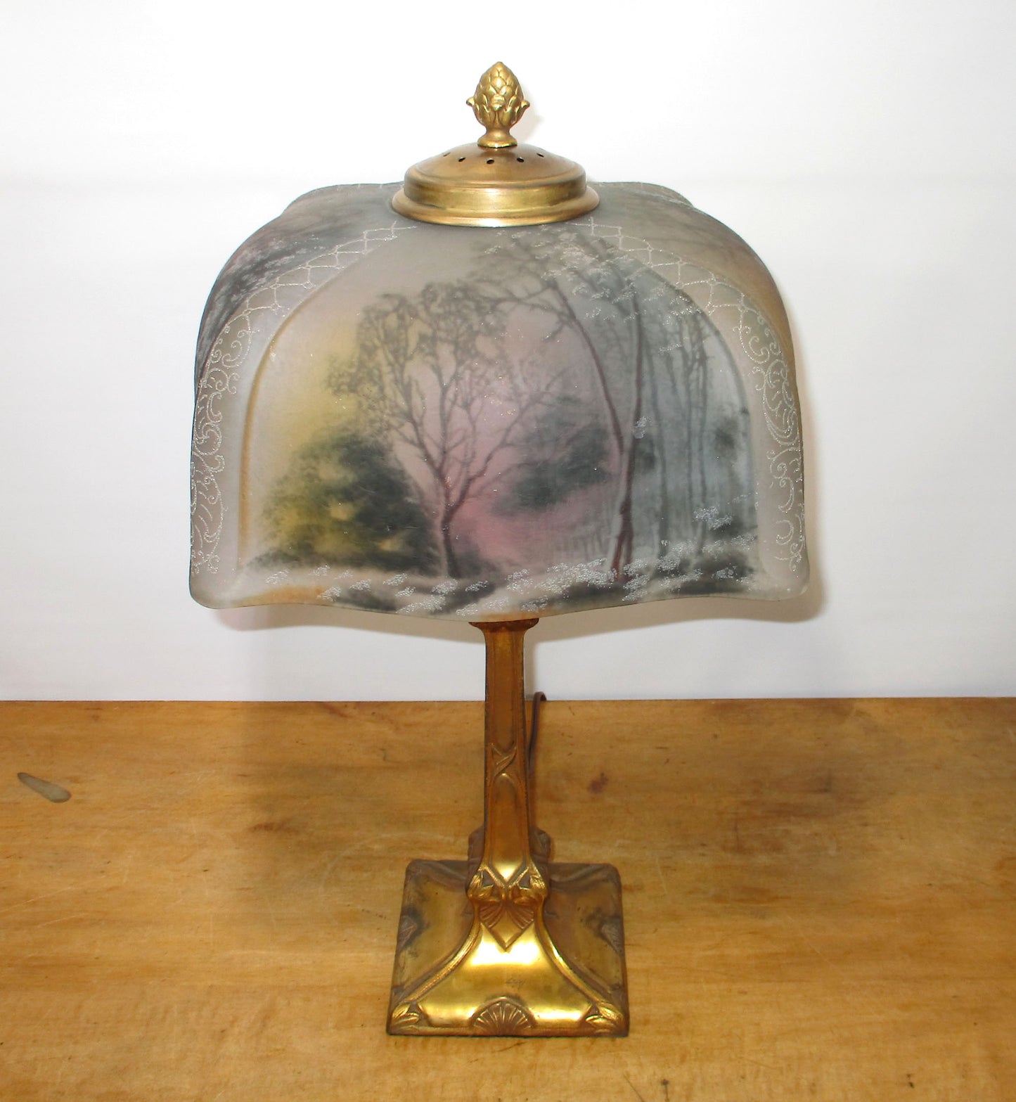 Pittsburg Lamp with Reverse Painted Shade Winter Scene