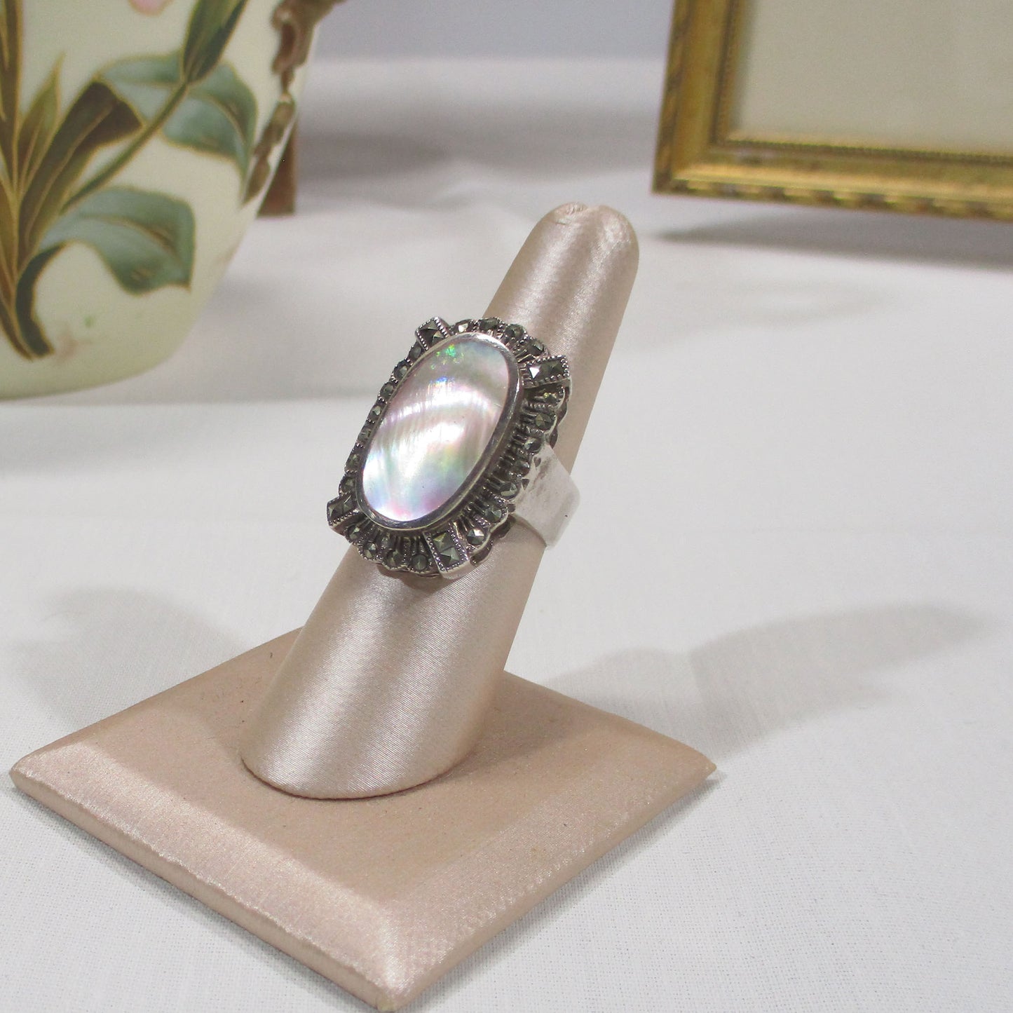 Art Deco Sterling Silver, Marcasite and Mother of Pearl Signet Ring Size 6 3/4