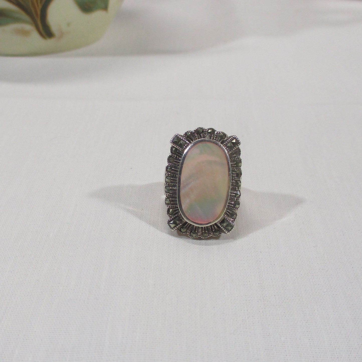 Art Deco Sterling Silver, Marcasite and Mother of Pearl Signet Ring Size 6 3/4