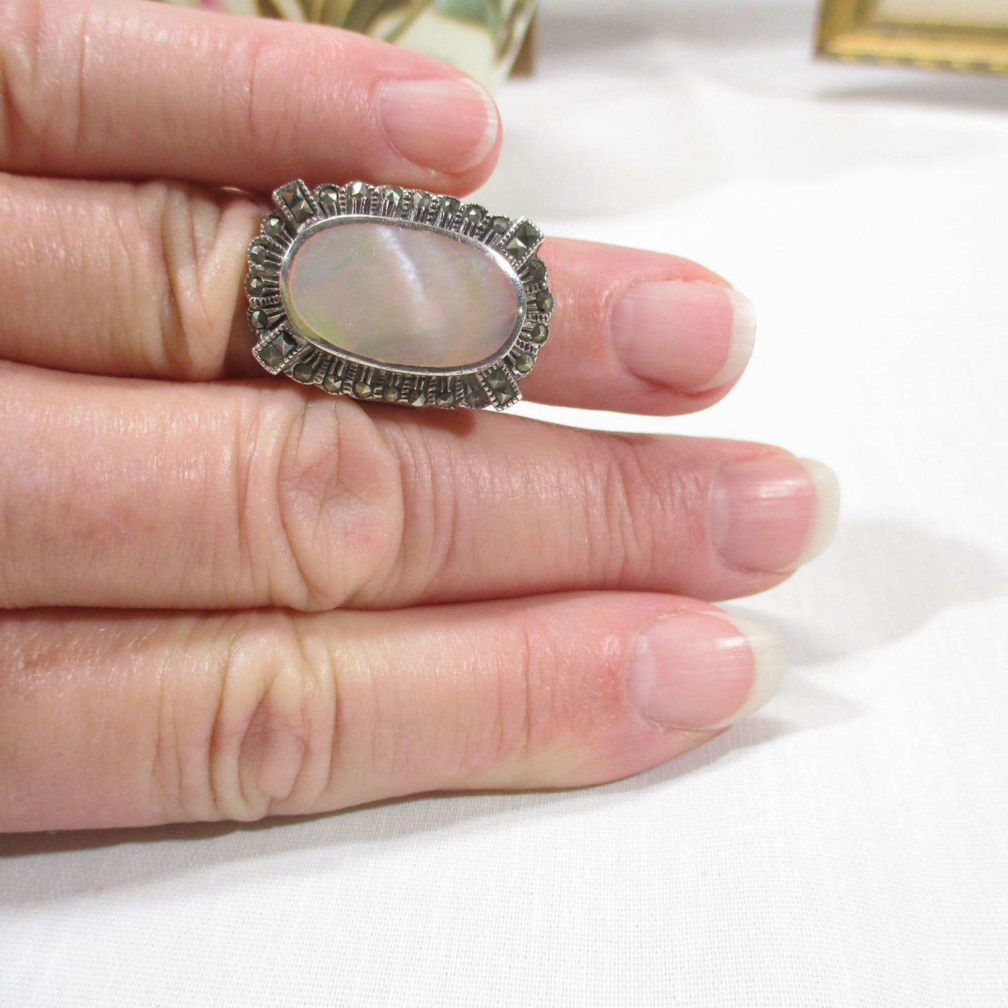 Art Deco Sterling Silver, Marcasite and Mother of Pearl Signet Ring Size 6 3/4