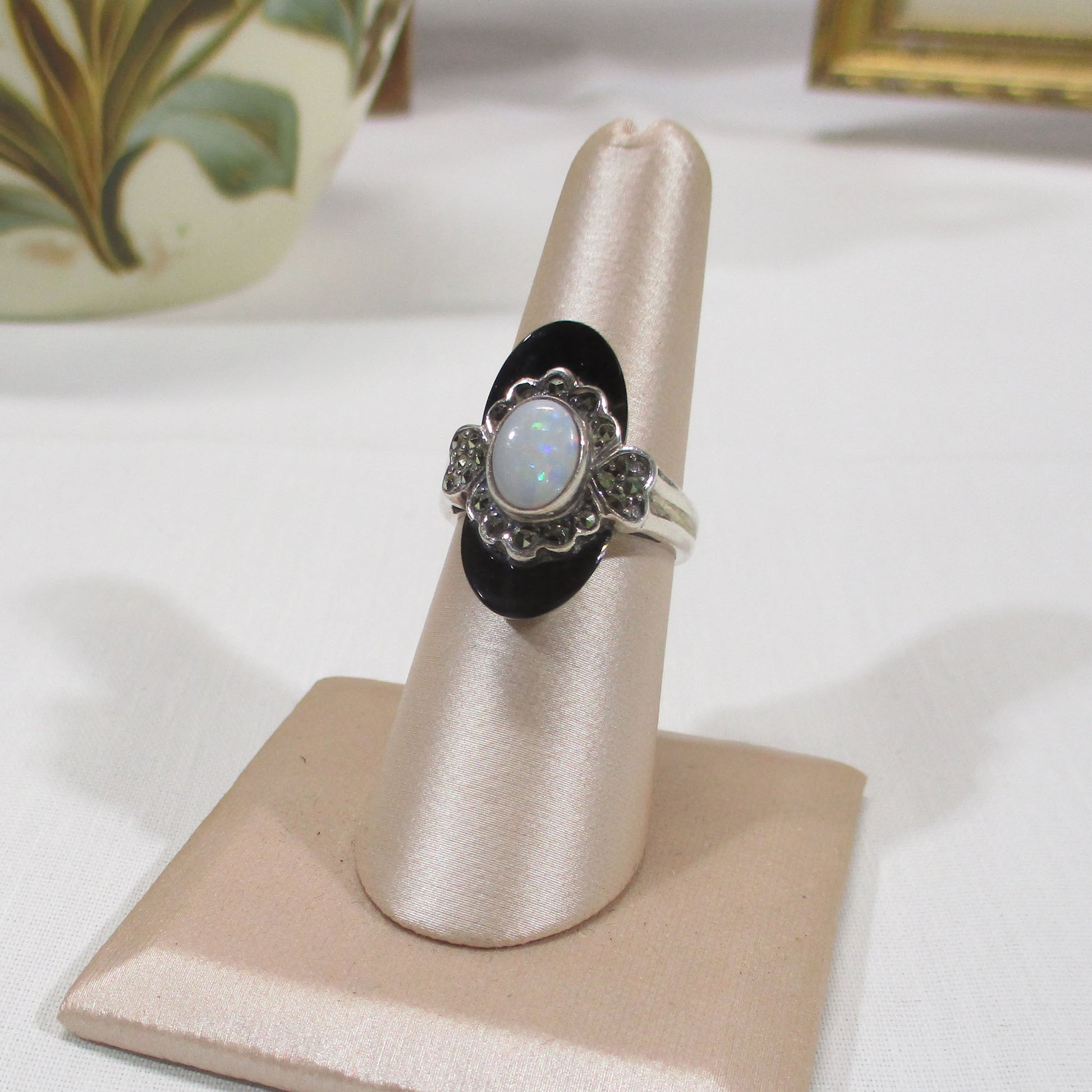 Art Deco Sterling Silver, Marcasite, Onyx and Opal Navette Ring Size 7