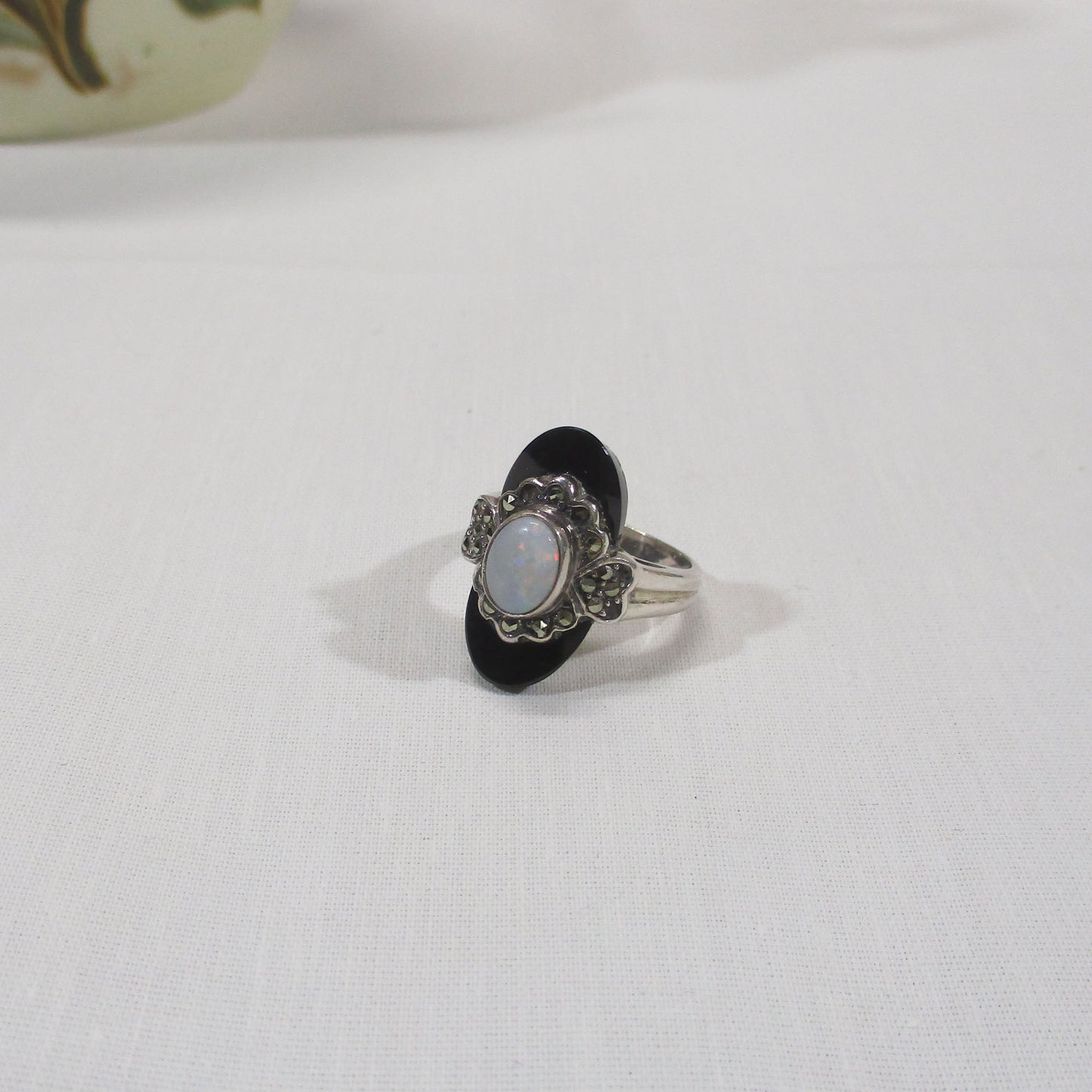 Art Deco Sterling Silver, Marcasite, Onyx and Opal Navette Ring Size 7