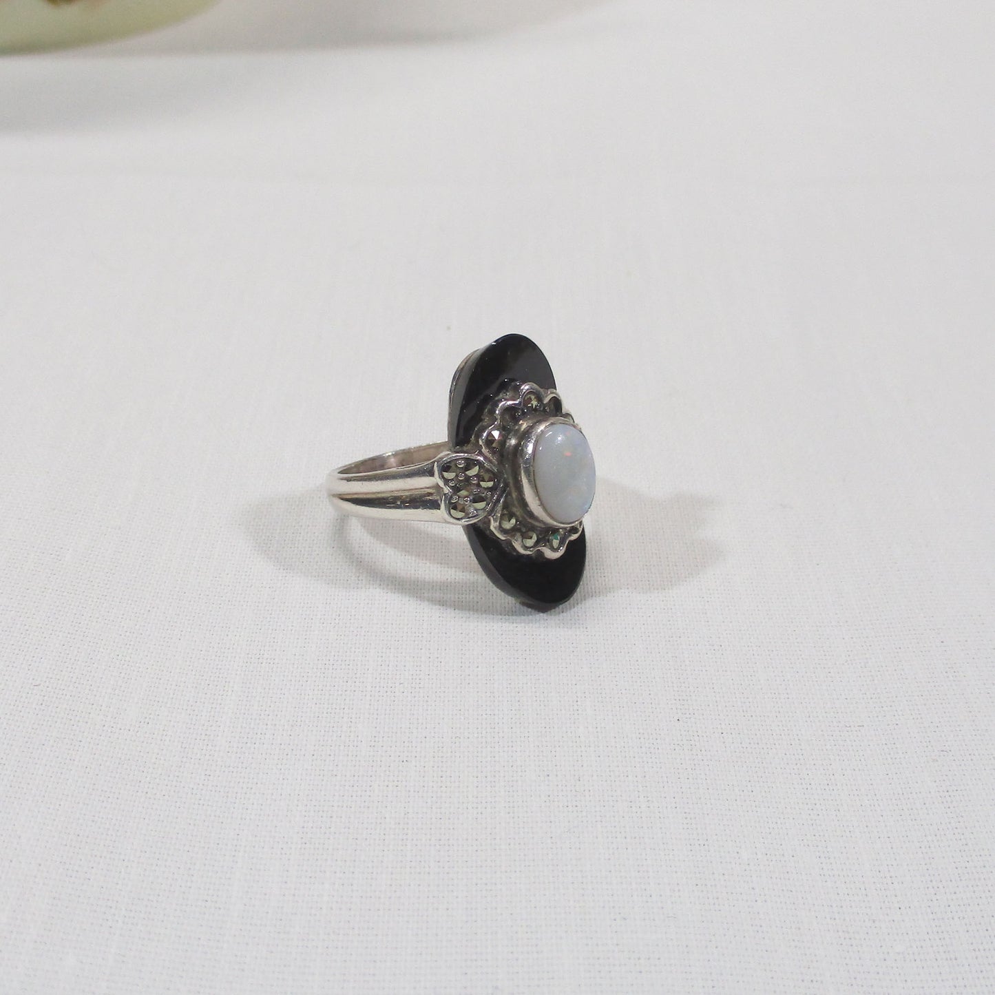 Art Deco Sterling Silver, Marcasite, Onyx and Opal Navette Ring Size 7