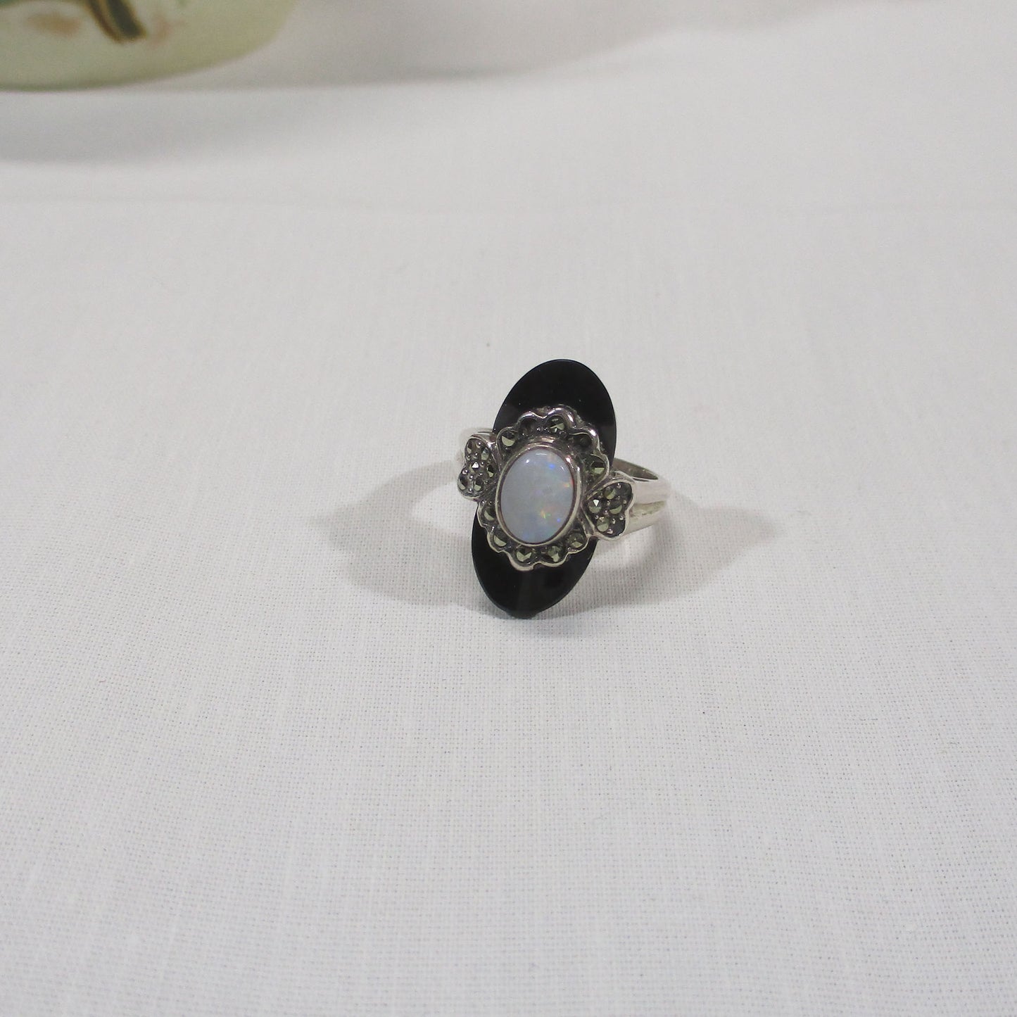 Art Deco Sterling Silver, Marcasite, Onyx and Opal Navette Ring Size 7