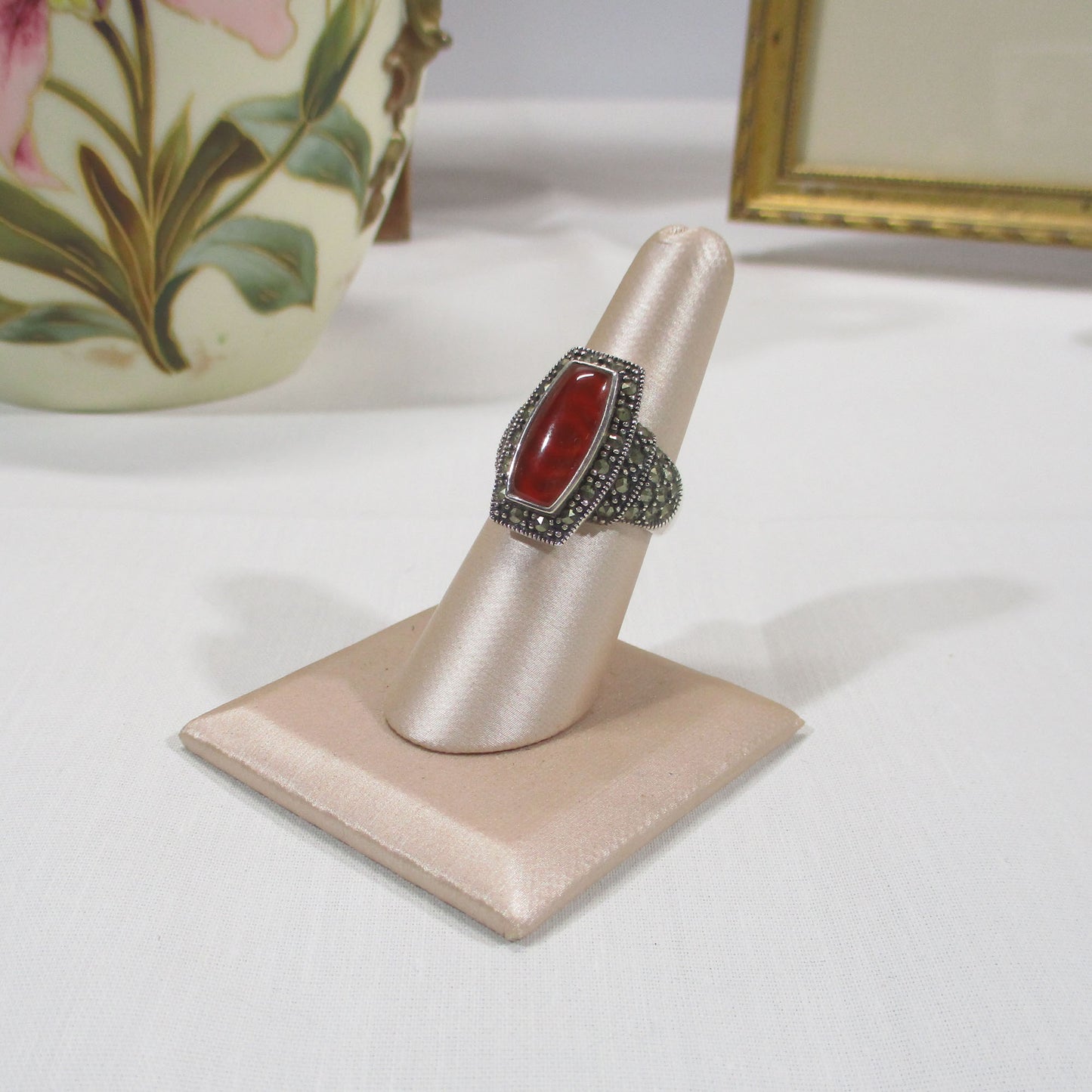 Art Deco Sterling Silver, Marcasite and Carved Carnelian Ring Size 7