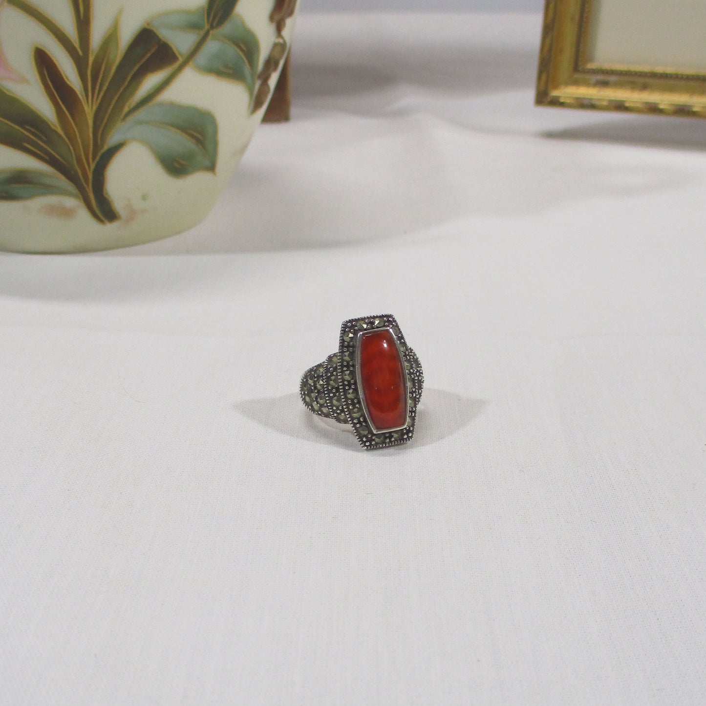 Art Deco Sterling Silver, Marcasite and Carved Carnelian Ring Size 7