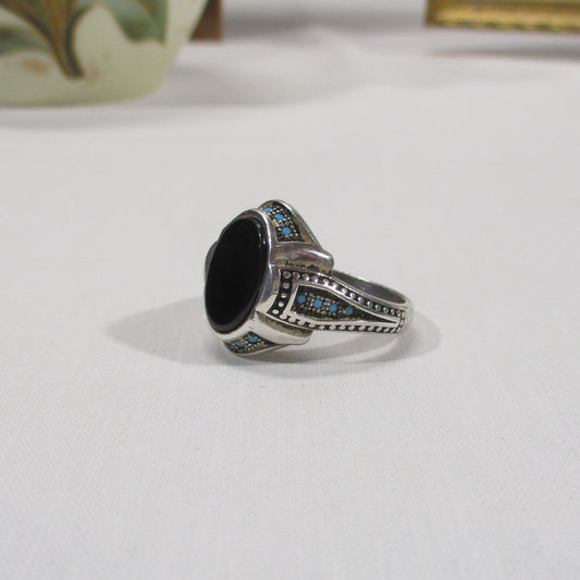 Sterling Silver, Onyx and Turquoise Ring Size 12