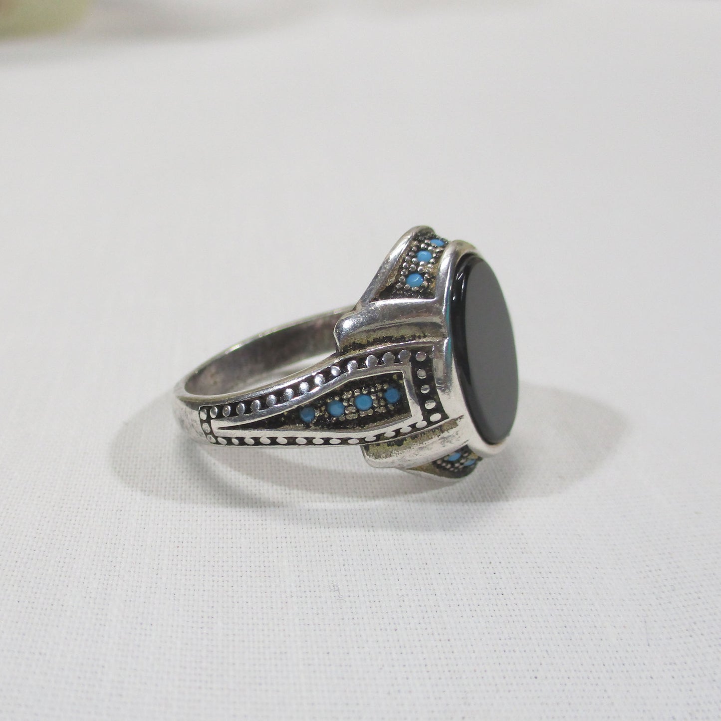 Sterling Silver, Onyx and Turquoise Ring Size 12