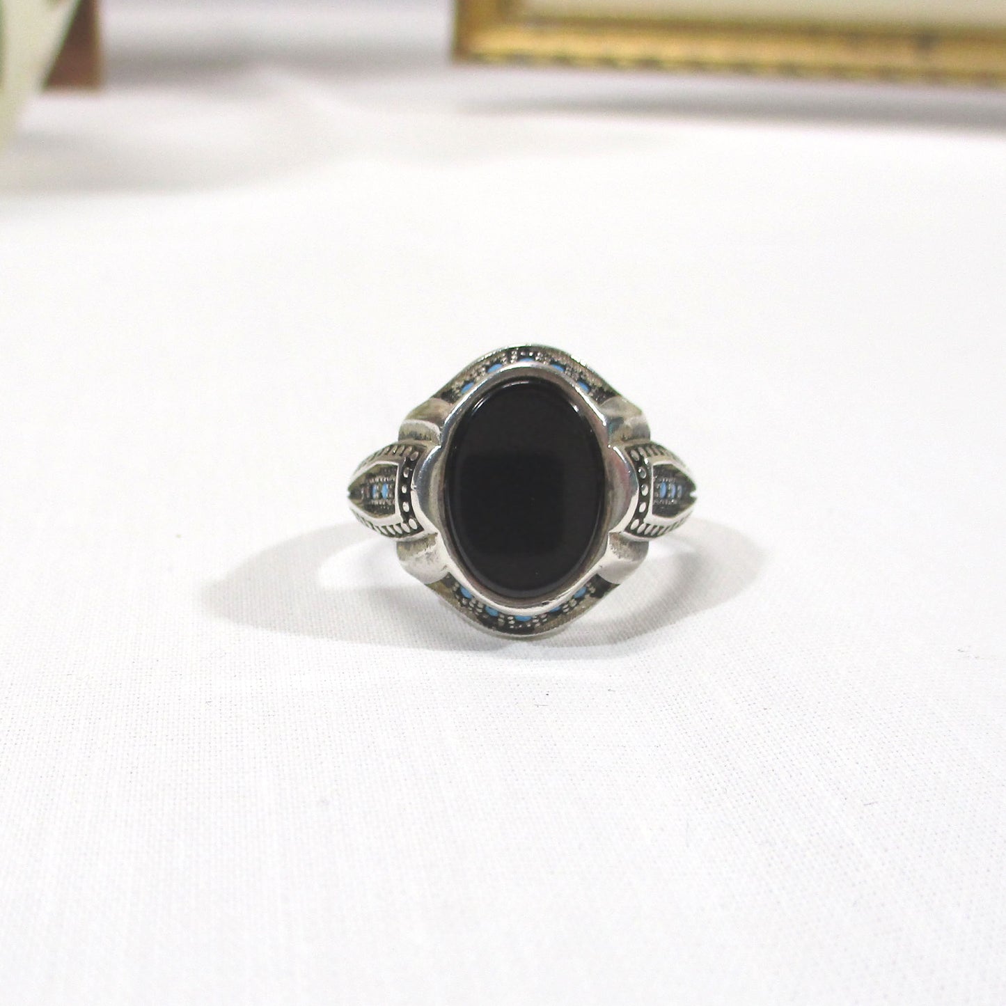 Sterling Silver, Onyx and Turquoise Ring Size 12