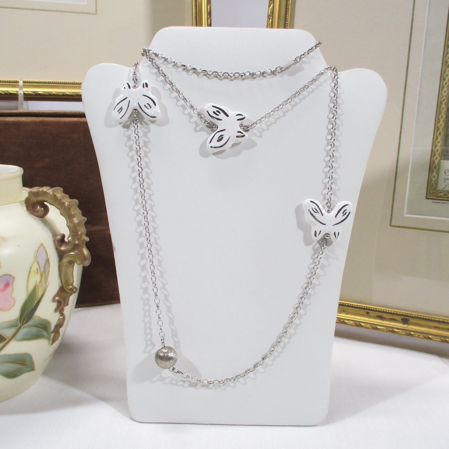 Sterling Silver and Ceramic Butterfly Invicta Long Chain Necklace