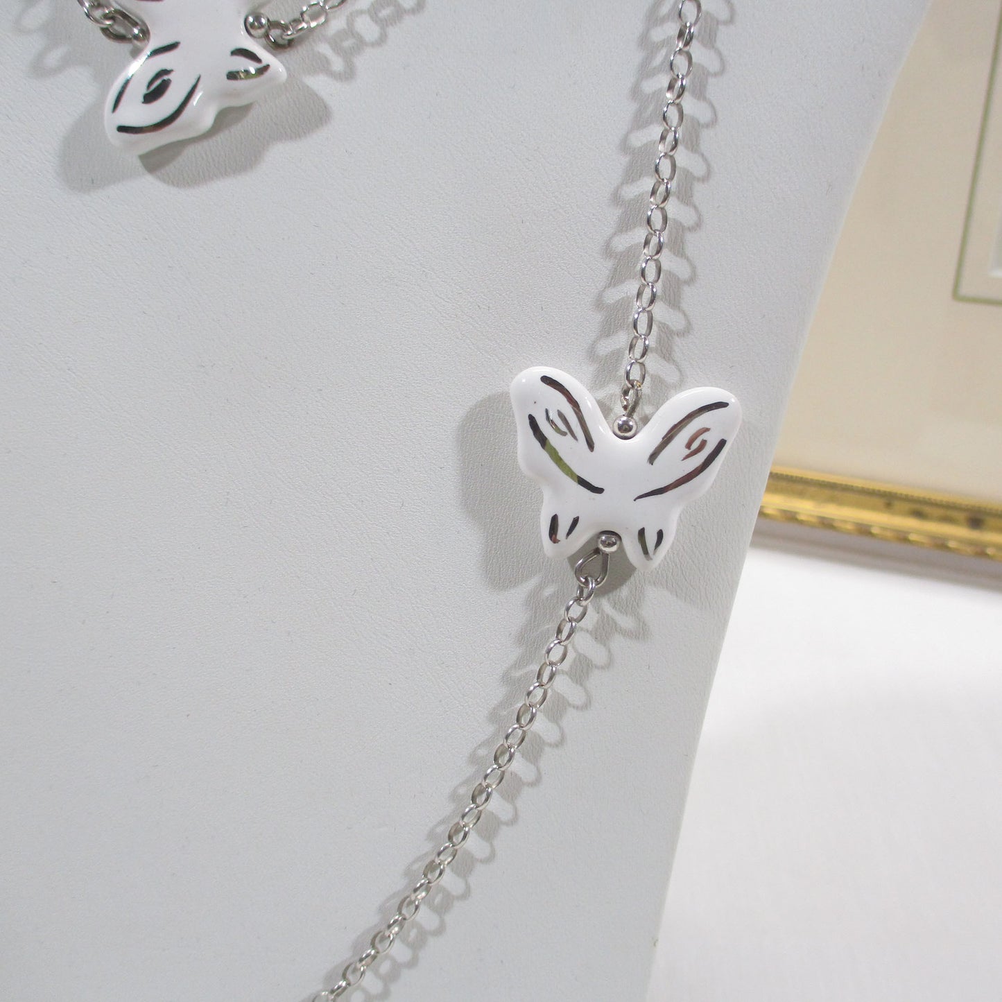 Sterling Silver and Ceramic Butterfly Invicta Long Chain Necklace