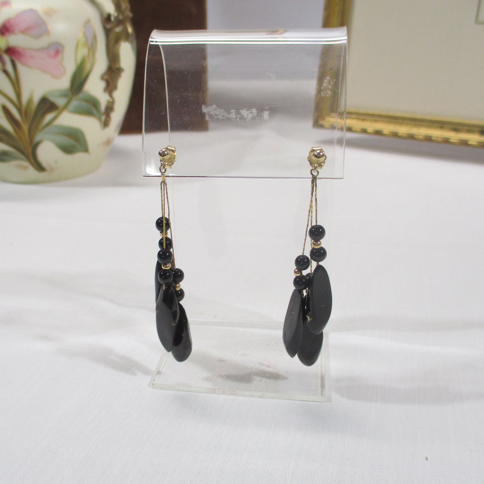 Solid 14K Gold and Black Coral Drop Earrings