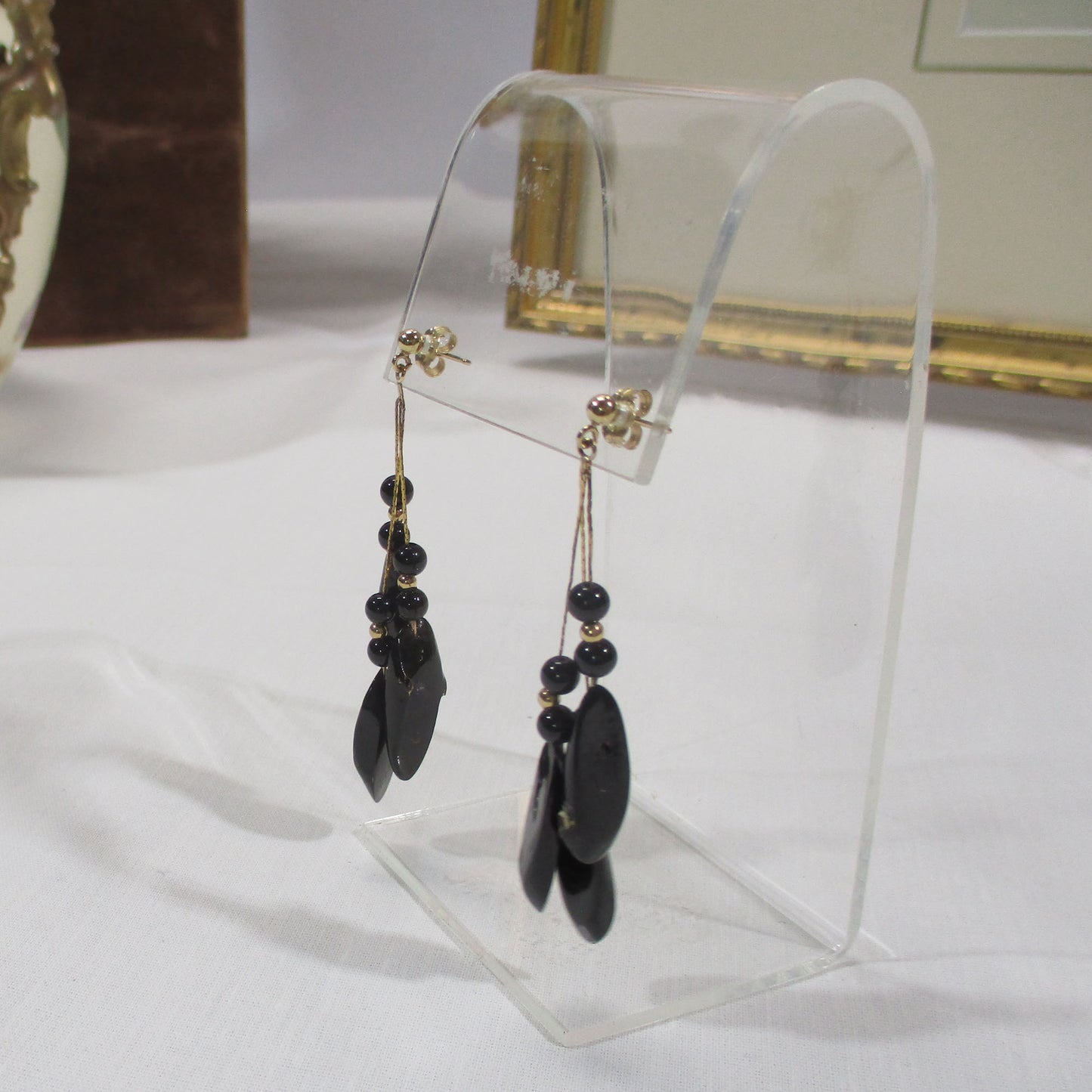 Solid 14K Gold and Black Coral Drop Earrings